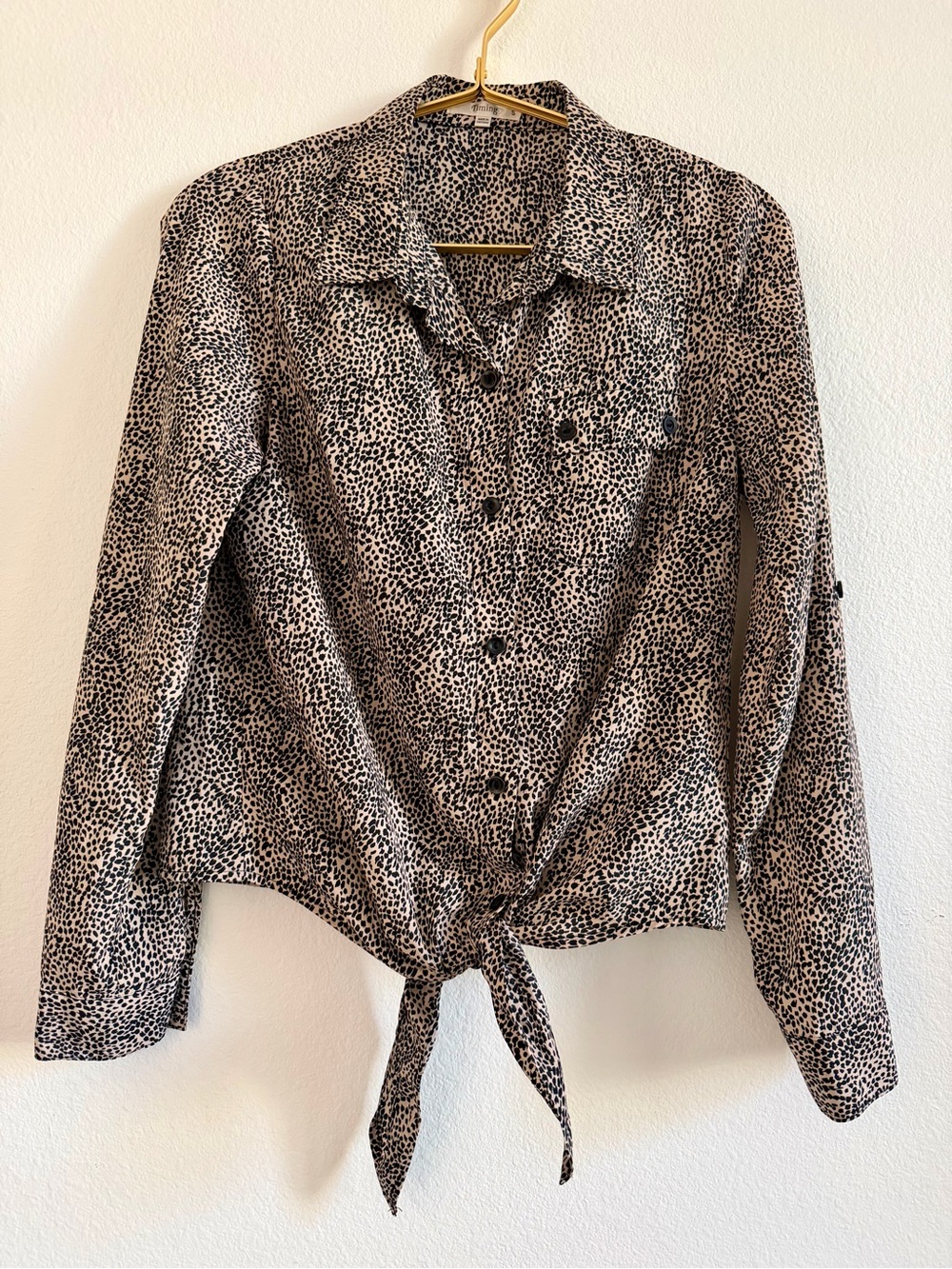 Timing Black and Cream Animal Print Tie-Front Button Down Shirt
